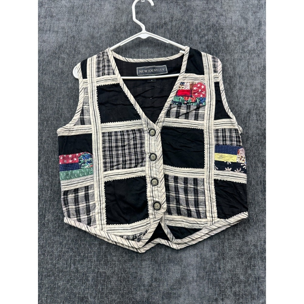 New Identity Vest Womens Medium Multicolor Cotton Patchwork Pointed Hem Graphic